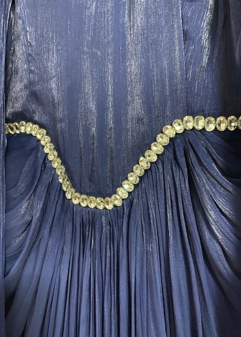 Uzun Parlak Lacivert Drapeli Abiye Elbise - Görsel 3