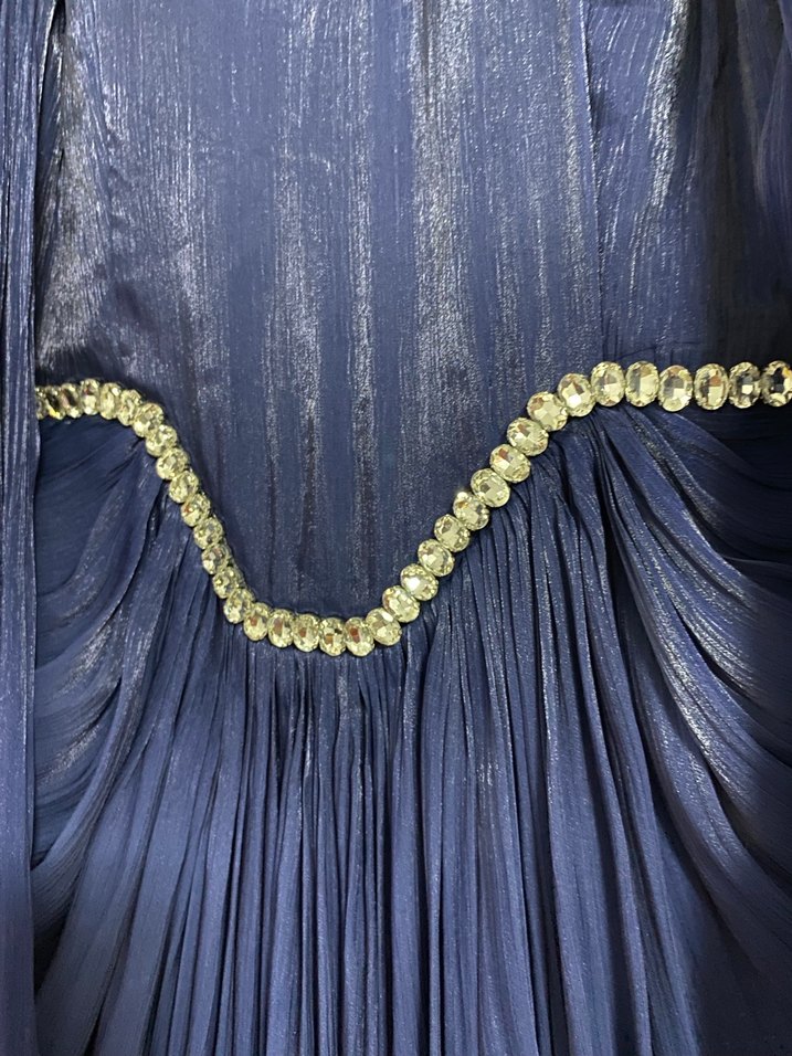 Uzun Parlak Lacivert Drapeli Abiye Elbise - Görsel 3