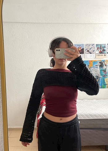 Siyah Örgü Boğazlı Uzun Kollu Bolero Crop Kazak - Görsel 2