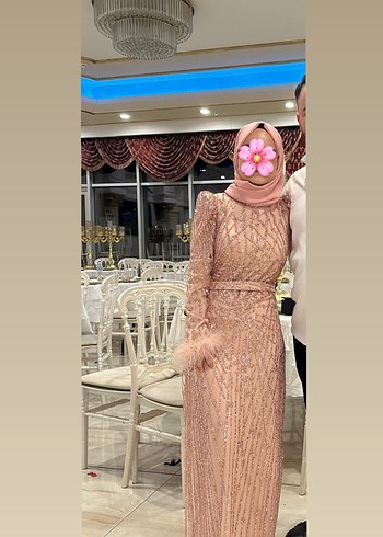 Bej Uzun Kollu Kürklü Abiye Elbise - Görsel 3