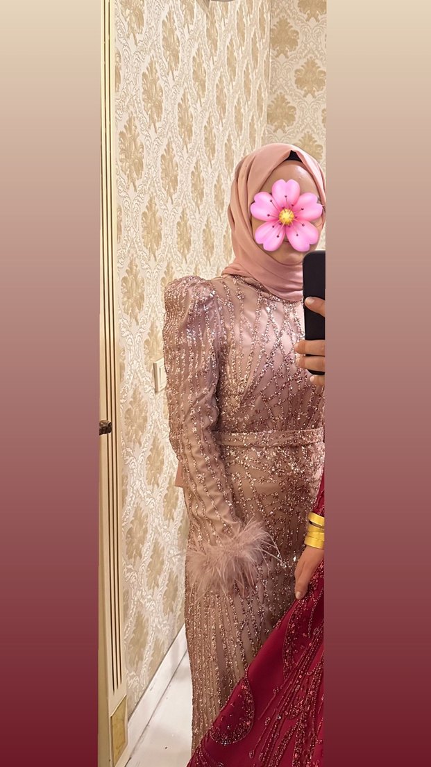 Bej Uzun Kollu Kürklü Abiye Elbise - Görsel 2