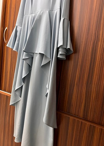 Mavi Uzun Kollu Volanlı Uzun Elbise - Görsel 3