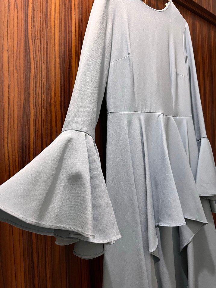 Mavi Uzun Kollu Volanlı Uzun Elbise - Görsel 2