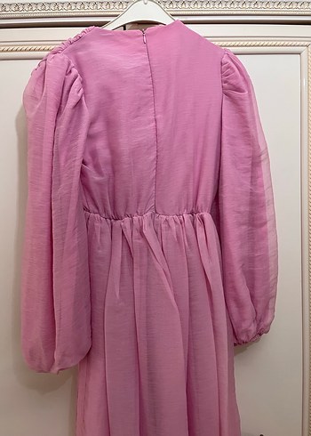 Pembe V Yakalı taşlı kemerli Uzun Keten Elbise - Görsel 3