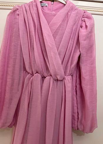 Pembe V Yakalı taşlı kemerli Uzun Keten Elbise - Görsel 7