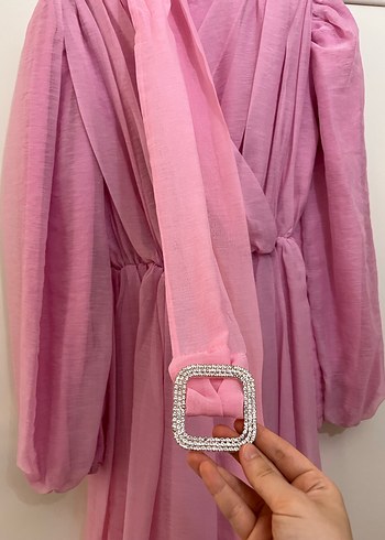 Pembe V Yakalı taşlı kemerli Uzun Keten Elbise - Görsel 5