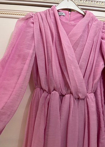 Pembe V Yakalı taşlı kemerli Uzun Keten Elbise - Görsel 6