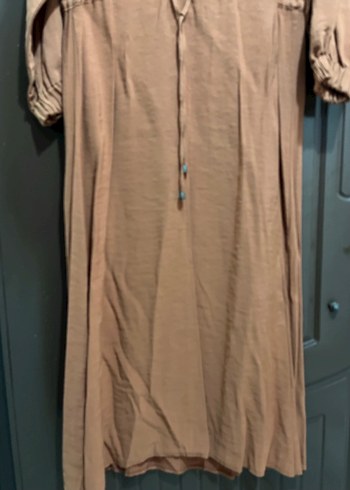 Turuncu Düğmeli Uzun Keten Elbise - Görsel 4