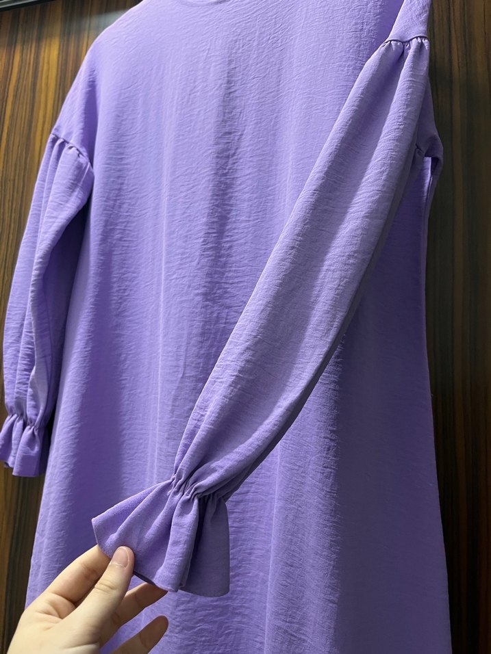 Uzun Kollu Lila Kadın Keten Tunik - Görsel 2