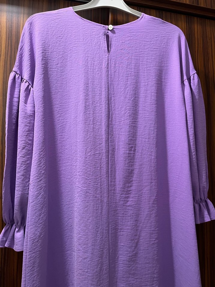 Uzun Kollu Lila Kadın Keten Tunik - Görsel 5