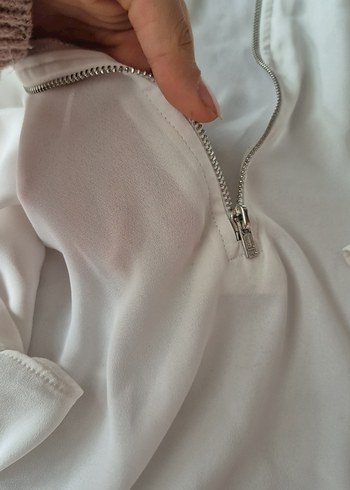 V Yaka Beyaz Keten Salaş Midi Kadın Gömlek - Görsel 2