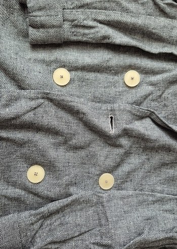 Düğmeli Gri Kadın Keten Midi Ceket - Görsel 2