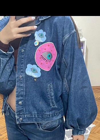 Kadın Baskılı Mavi Denim Ceket - Görsel 2