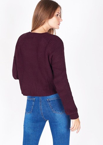 Bordo Örgü Kadın Triko Kazak - Görsel 2
