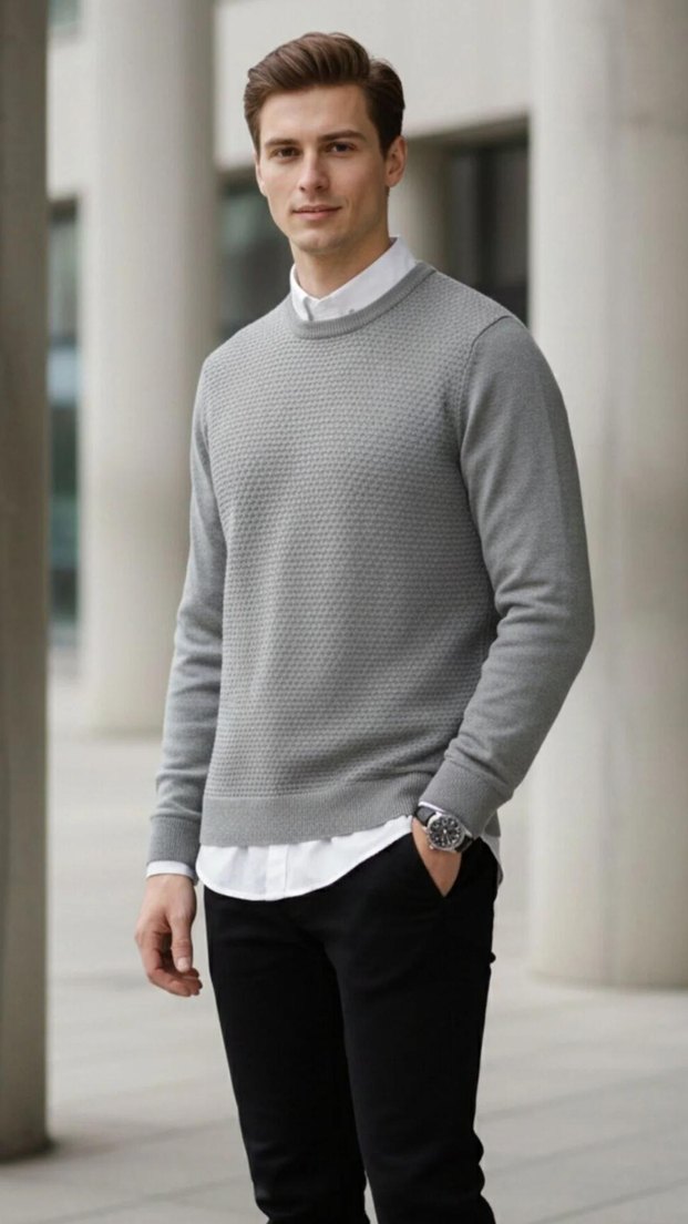 Gri Erkek Bisiklet Yaka Triko Kazak - Görsel 2