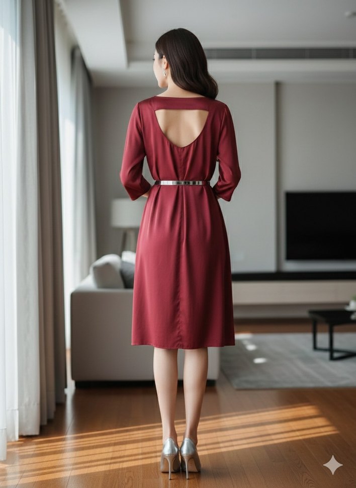 mango Bordo Kemerli Midi Elbise - Görsel 2