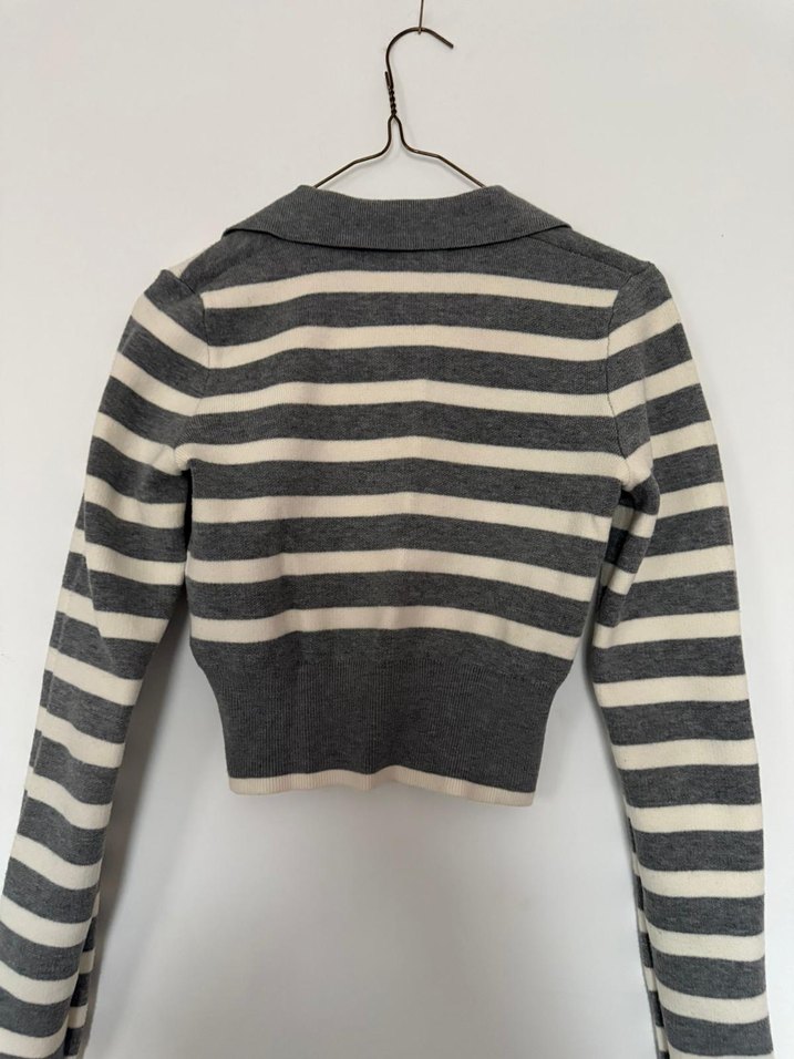 Gri Çizgili V Yaka Kadın Triko - Görsel 4