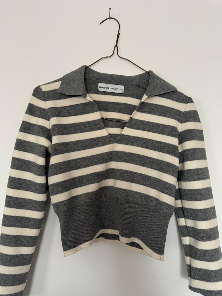 Gri Çizgili V Yaka Kadın Triko - Görsel 2