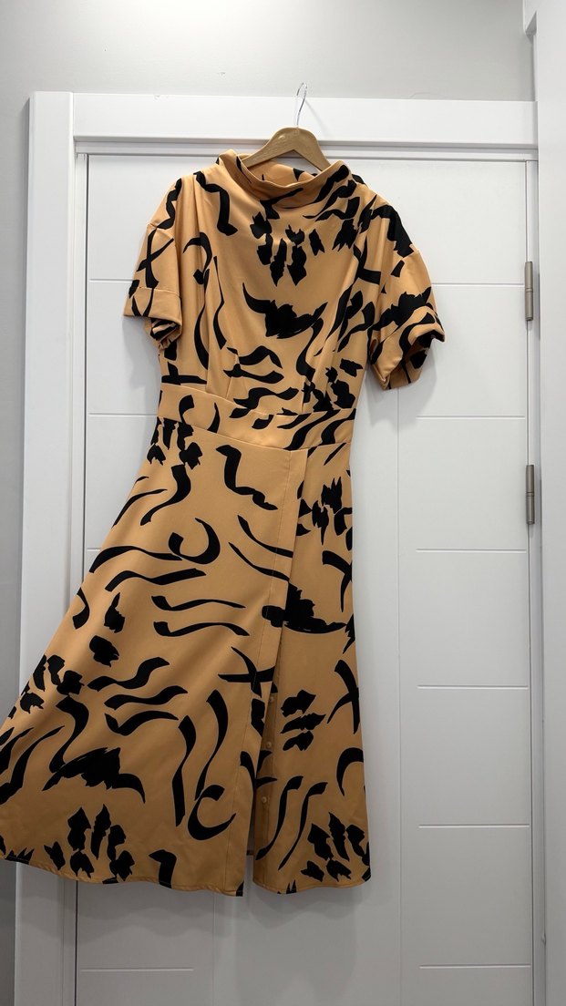 Camel Renkli Drapeli Uzun Kadın Elbise - Görsel 3