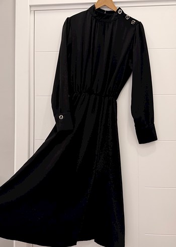 Düğmeli Siyah Uzun Kadın Elbise - Görsel 2