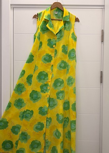 Sarı Çiçekli Uzun Düğmeli Bohem Elbise - Görsel 2