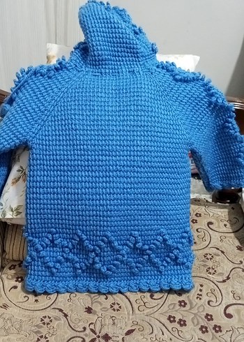 Kızlar İçin Mavi Örgü Kapüşonlu Hırka - Görsel 3