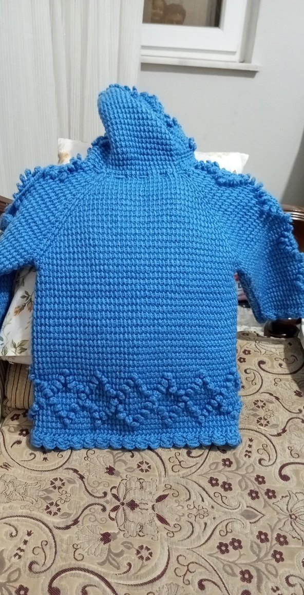 Kızlar İçin Mavi Örgü Kapüşonlu Hırka - Görsel 3