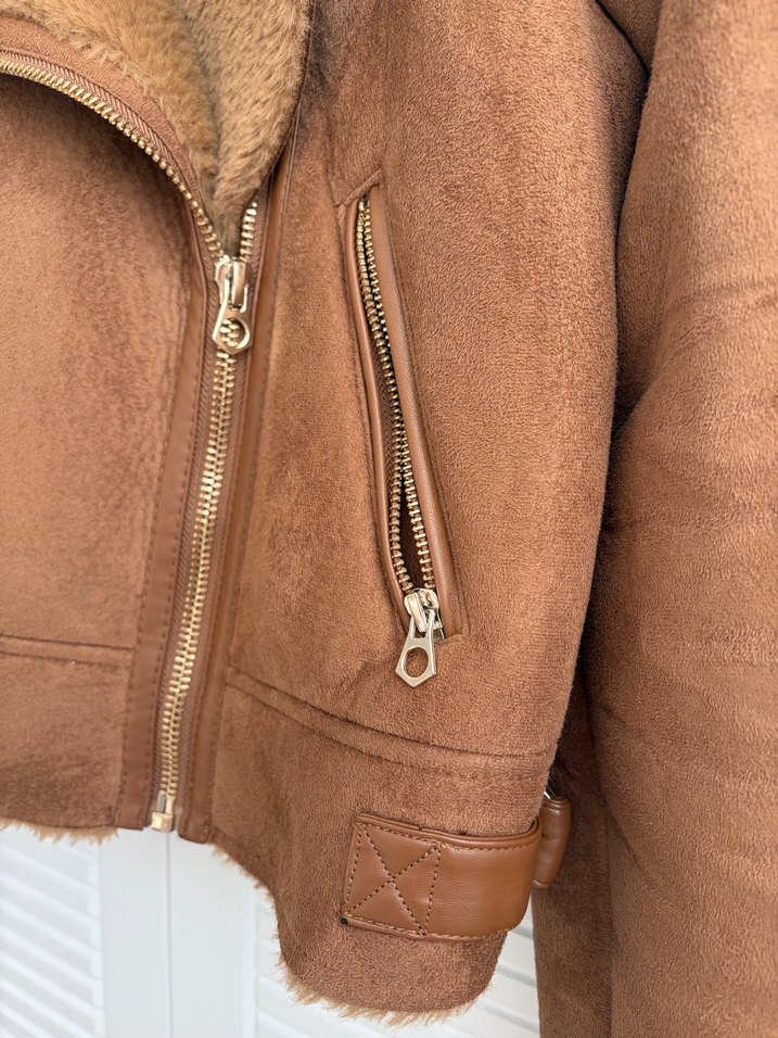 Kahverengi Süet Kürk Detaylı Kadın Ceket - Görsel 4