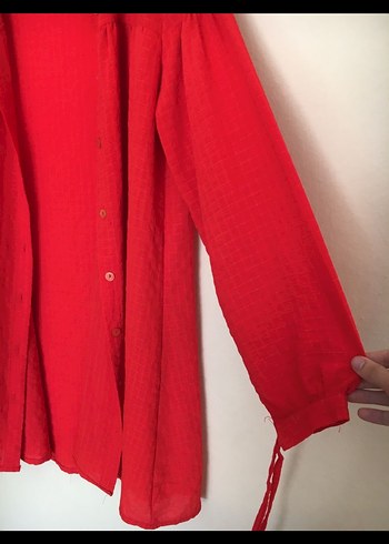Kırmızı Uzun Düğmeli Hamile Keten Ceket - Görsel 3