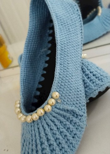 Mavi Örgü Kadın Terlik İnci Detaylı - Görsel 2