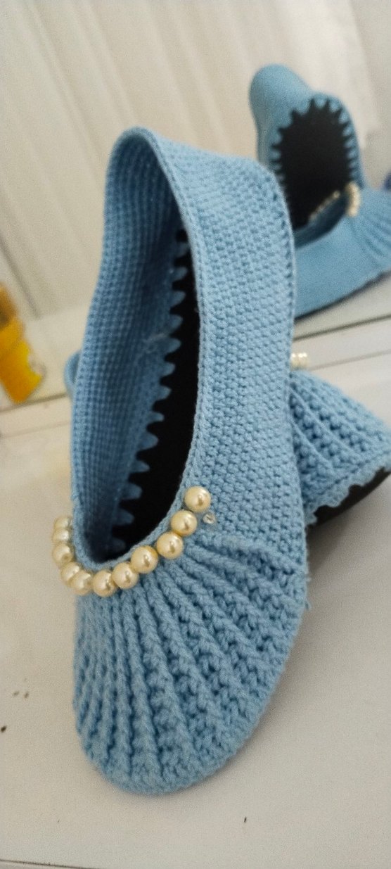 Mavi Örgü Kadın Terlik İnci Detaylı - Görsel 2