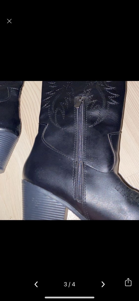 Siyah Nakışlı Kadın Diz Boyu Deri Bot - Görsel 3