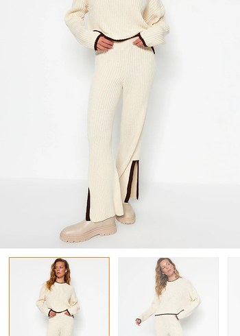 Beyaz Örgü Kadın Bol Paça Yün Pantolon - Görsel 2