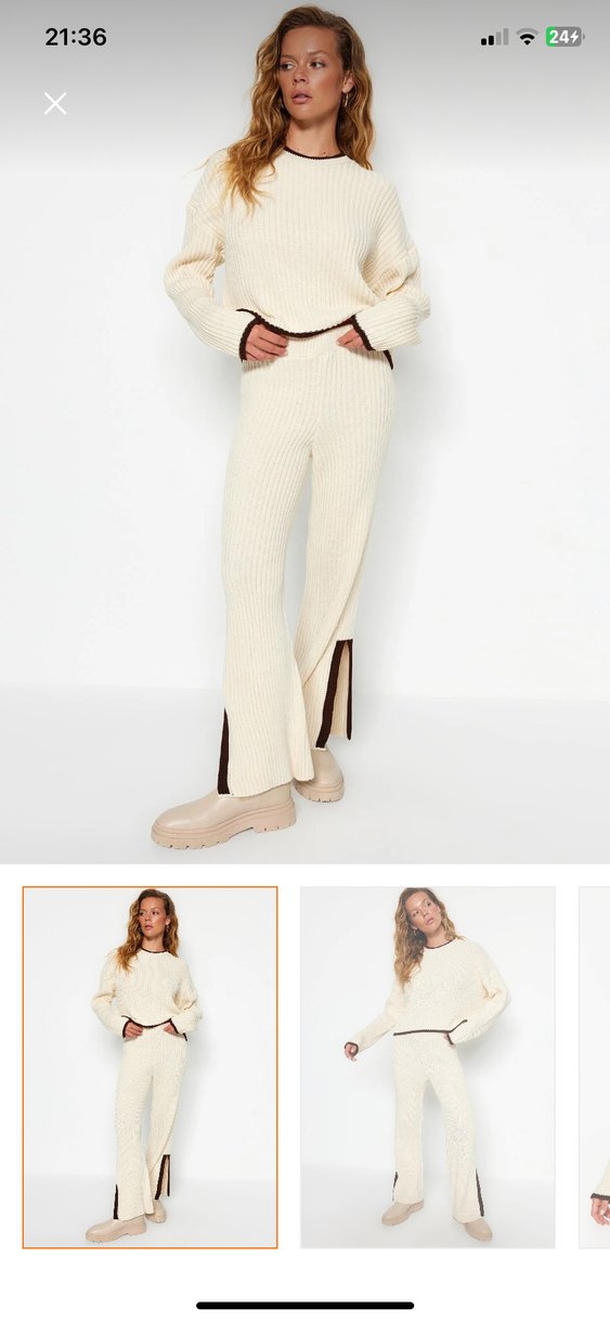 Beyaz Örgü Kadın Bol Paça Yün Pantolon - Görsel 2