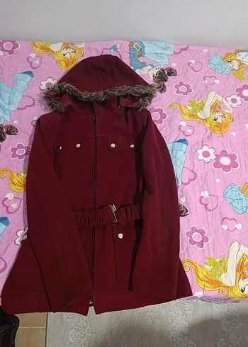 Bordo Kadın Kemerli kaşe kaban, Kürk Detaylı. - Görsel 2