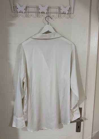 Beyaz Düğmeli saten Kadın Gömlek - Görsel 2