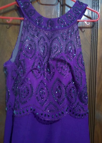 Mor Uzun Abiye Elbise İşlemeli Üst Detay - Görsel 5