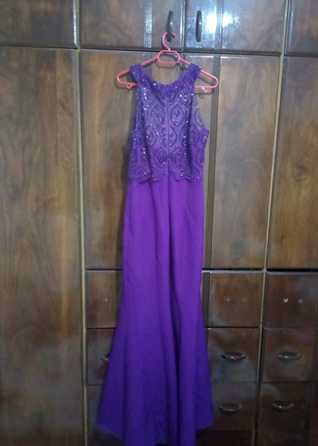 Mor Uzun Abiye Elbise İşlemeli Üst Detay - Görsel 2