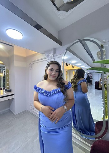 Mavi Drapeli Uzun Straplez Kadın Abiye - Görsel 2