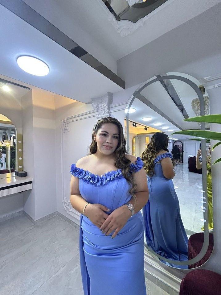 Mavi Drapeli Uzun Straplez Kadın Abiye - Görsel 2