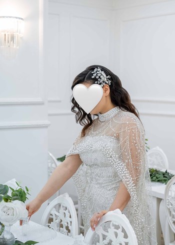 Boncuk İşlemeli Beyaz Uzun Halter Yaka Söz Nişan nikah Elbisesi - Görsel 2