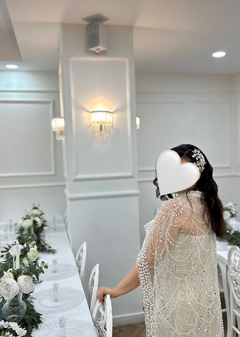 Boncuk İşlemeli Beyaz Uzun Halter Yaka Söz Nişan nikah Elbisesi - Görsel 6