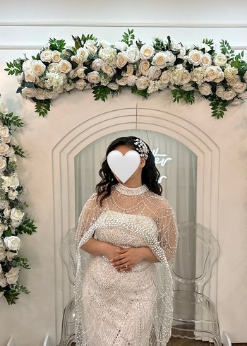 Boncuk İşlemeli Beyaz Uzun Halter Yaka Söz Nişan nikah Elbisesi - Görsel 5