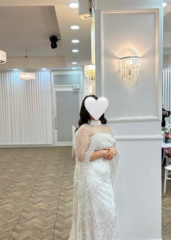 Boncuk İşlemeli Beyaz Uzun Halter Yaka Söz Nişan nikah Elbisesi - Görsel 7