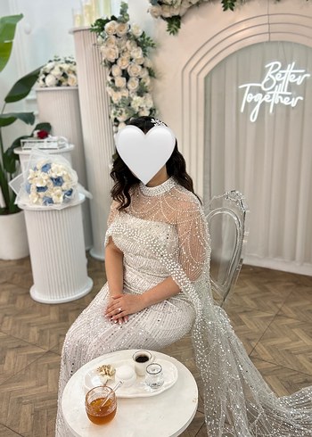 Boncuk İşlemeli Beyaz Uzun Halter Yaka Söz Nişan nikah Elbisesi - Görsel 3