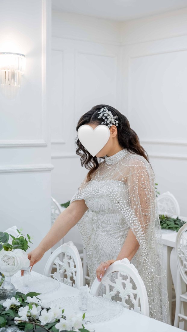 Boncuk İşlemeli Beyaz Uzun Halter Yaka Söz Nişan nikah Elbisesi - Görsel 2