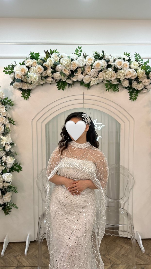 Boncuk İşlemeli Beyaz Uzun Halter Yaka Söz Nişan nikah Elbisesi - Görsel 5