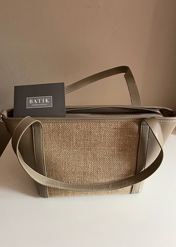 Batik Bej Deri ve hasır Kadın Çanta Fermuarlı - Görsel 4