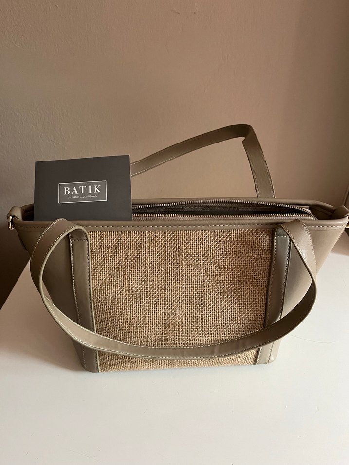 Batik Bej Deri ve hasır Kadın Çanta Fermuarlı - Görsel 4