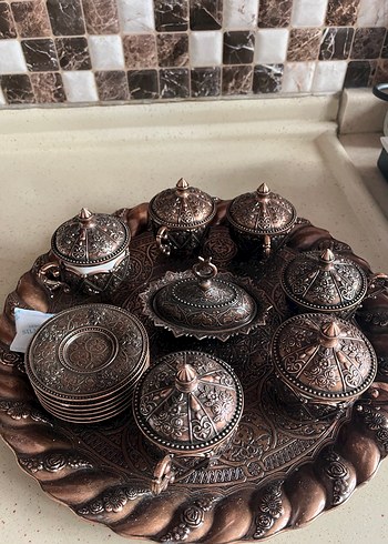 Kahverengi Desenli Bakır Kahve Fincanı Seti 3 porselen kırık - Görsel 5